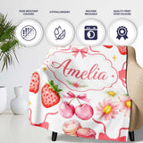 Strawberry Cherry Daisy Floral Bow Sweet Dessert Coral Red Outline  Personalised Custom Name Super Soft Fleece Blanket Bed Sofa Throw