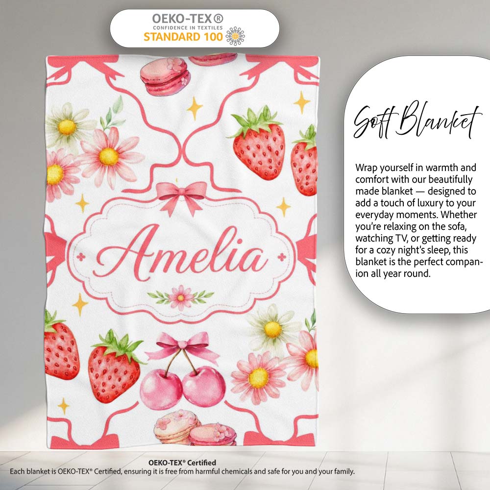 Strawberry Cherry Daisy Floral Bow Sweet Dessert Coral Red Outline  Personalised Custom Name Super Soft Fleece Blanket Bed Sofa Throw