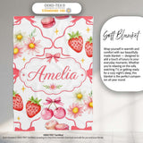 Strawberry Cherry Daisy Floral Bow Sweet Dessert Coral Red Outline  Personalised Custom Name Super Soft Fleece Blanket Bed Sofa Throw