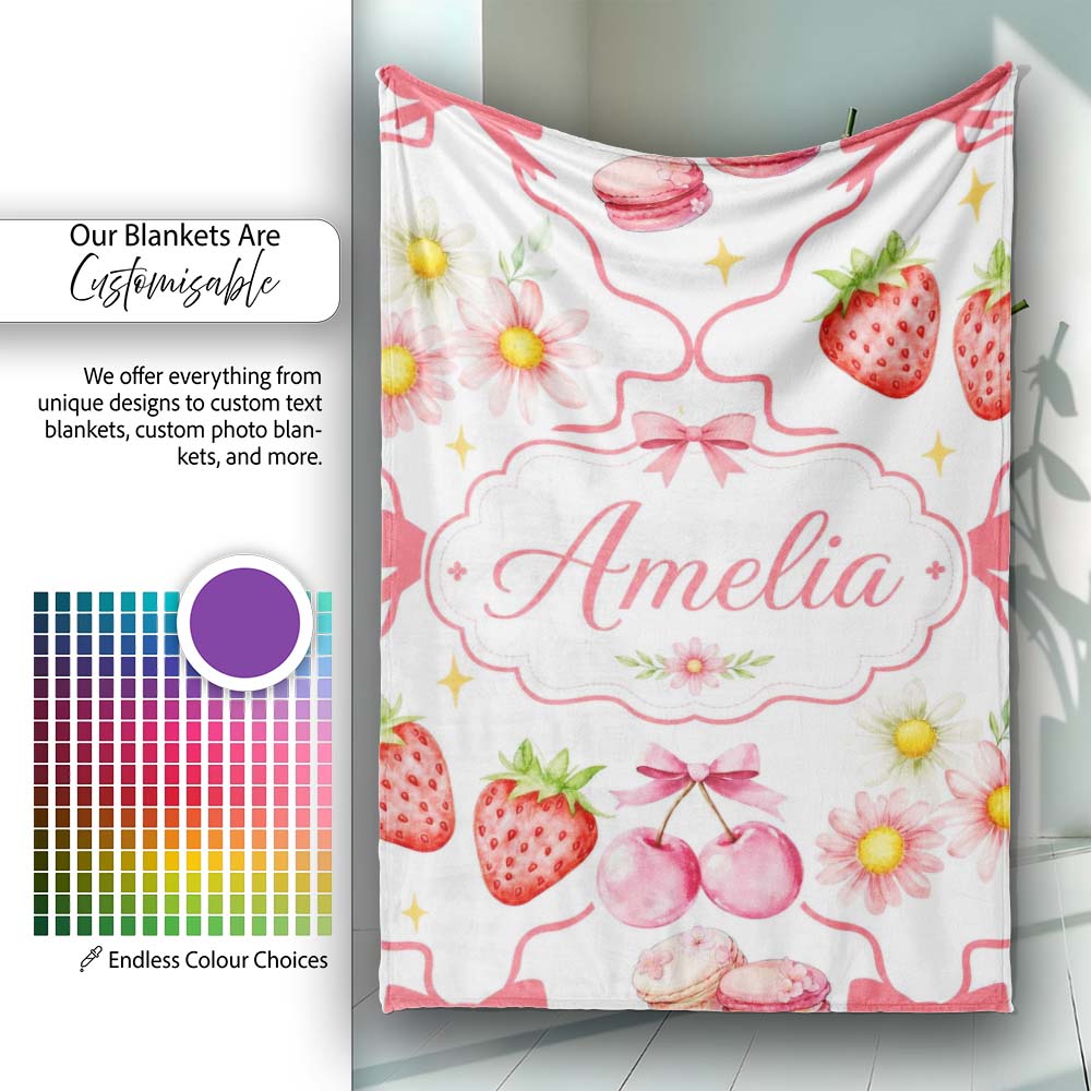 Strawberry Cherry Daisy Floral Bow Sweet Dessert Coral Red Outline  Personalised Custom Name Super Soft Fleece Blanket Bed Sofa Throw
