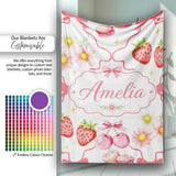 Strawberry Cherry Daisy Floral Bow Sweet Dessert Coral Red Outline  Personalised Custom Name Super Soft Fleece Blanket Bed Sofa Throw