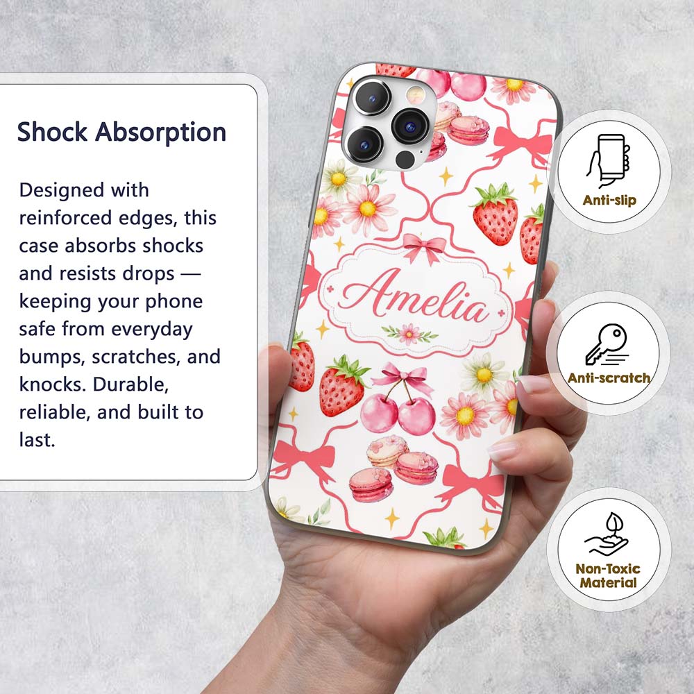 Strawberry Cherry Daisy Floral Bow Sweet Dessert Custom Name Protective Phone Case Mobile Cover Durable Everyday Smartphone Shock Resistant