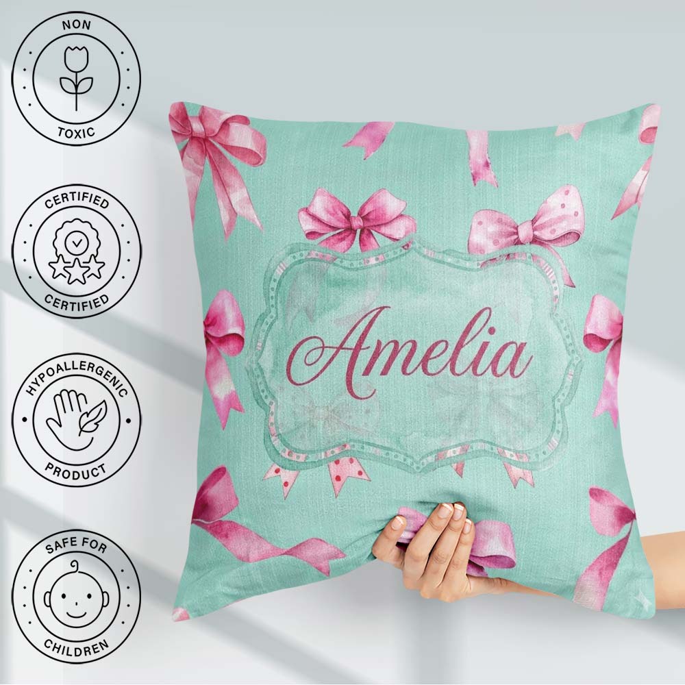 Custom Name Watercolor Pink Ribbon Bow Seamless Pattern on Teal Square Filled Cushion Throw Pillow Sofa Bed Home Decor Zip Washable UK Made