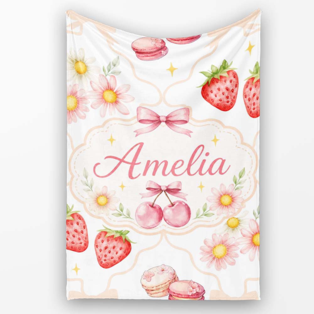 Strawberry Cherry Daisy Floral Bow Sweet Dessert Warm Beige Outline  Personalised Custom Name Super Soft Fleece Blanket Bed Sofa Throw