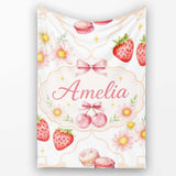 Strawberry Cherry Daisy Floral Bow Sweet Dessert Warm Beige Outline  Personalised Custom Name Super Soft Fleece Blanket Bed Sofa Throw