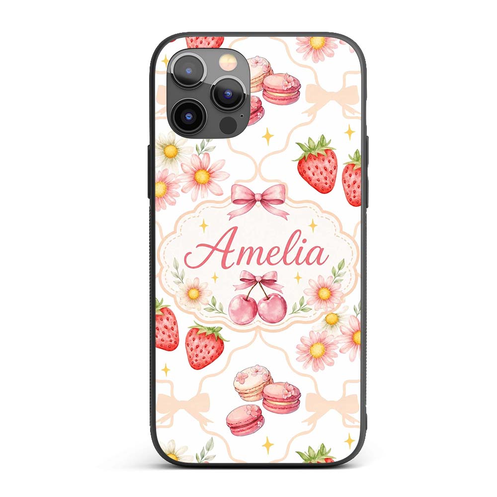 Strawberry Cherry Daisy Floral Bow Sweet Dessert Custom Name Protective Phone Case Mobile Cover Durable Everyday Smartphone Shock Resistant