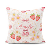 Custom Name Strawberry Cherry Daisy Bow Sweet Dessert Warm Beige Square Filled Cushion Throw Pillow Sofa Bed Home Decor Zip Washable UK Made