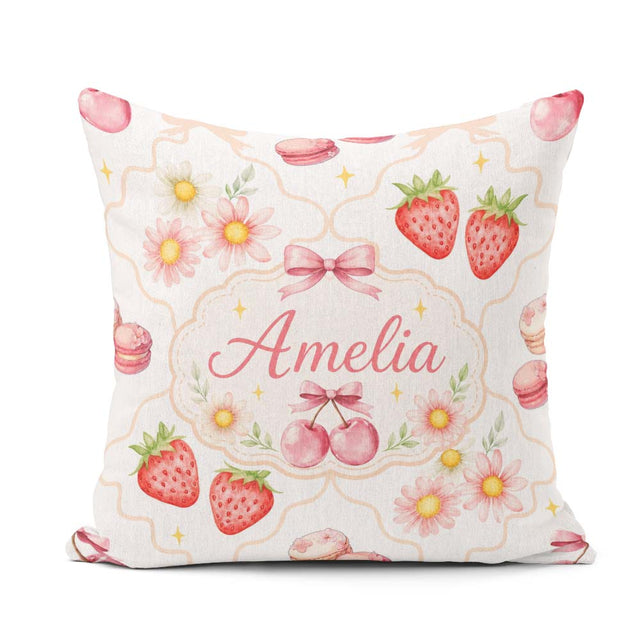 Custom Name Strawberry Cherry Daisy Bow Sweet Dessert Warm Beige Square Filled Cushion Throw Pillow Sofa Bed Home Decor Zip Washable UK Made