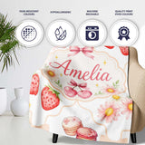 Strawberry Cherry Daisy Floral Bow Sweet Dessert Warm Beige Outline  Personalised Custom Name Super Soft Fleece Blanket Bed Sofa Throw