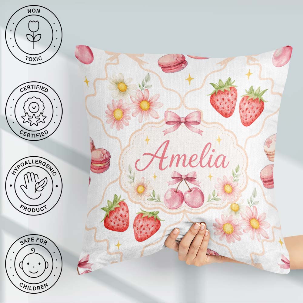 Custom Name Strawberry Cherry Daisy Bow Sweet Dessert Warm Beige Square Filled Cushion Throw Pillow Sofa Bed Home Decor Zip Washable UK Made