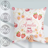 Custom Name Strawberry Cherry Daisy Bow Sweet Dessert Warm Beige Square Filled Cushion Throw Pillow Sofa Bed Home Decor Zip Washable UK Made