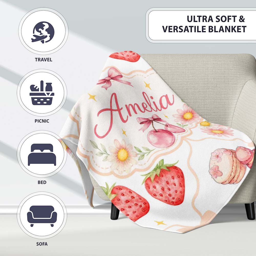 Strawberry Cherry Daisy Floral Bow Sweet Dessert Warm Beige Outline  Personalised Custom Name Super Soft Fleece Blanket Bed Sofa Throw
