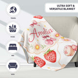 Strawberry Cherry Daisy Floral Bow Sweet Dessert Warm Beige Outline  Personalised Custom Name Super Soft Fleece Blanket Bed Sofa Throw