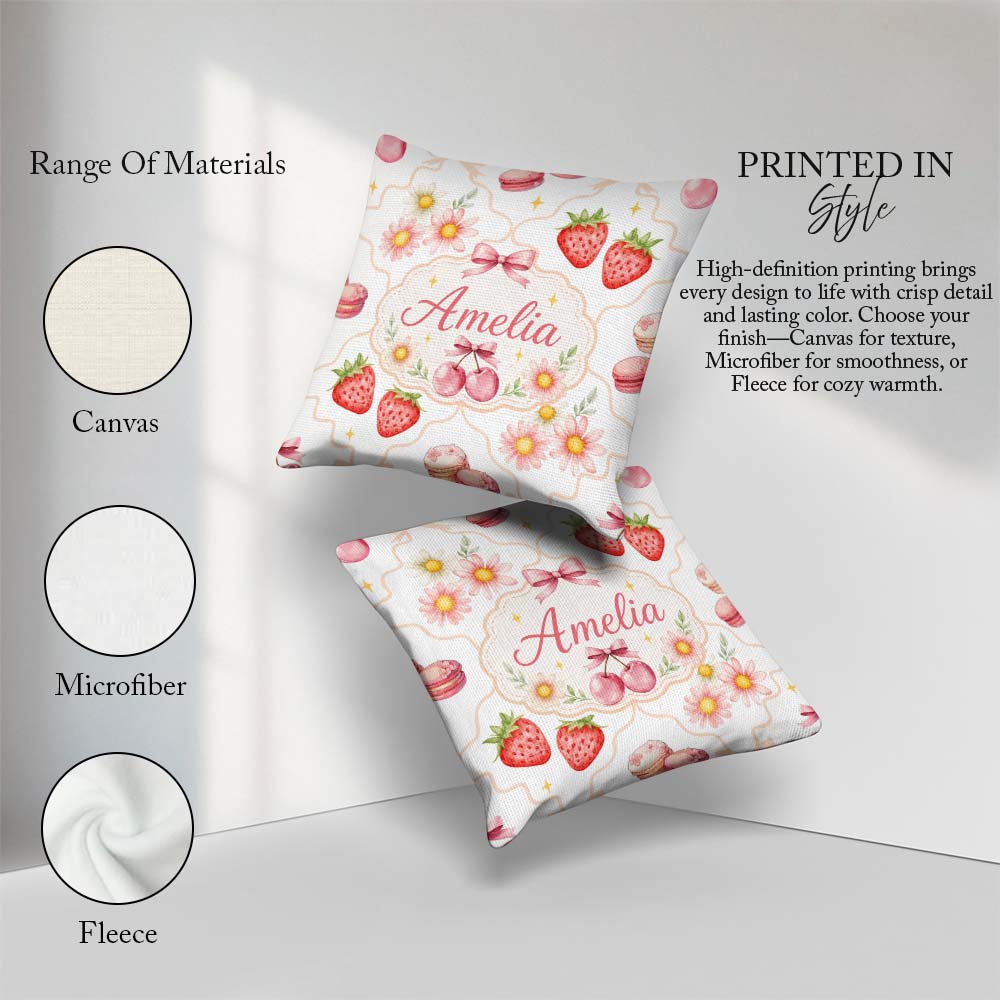 Custom Name Strawberry Cherry Daisy Bow Sweet Dessert Warm Beige Square Filled Cushion Throw Pillow Sofa Bed Home Decor Zip Washable UK Made
