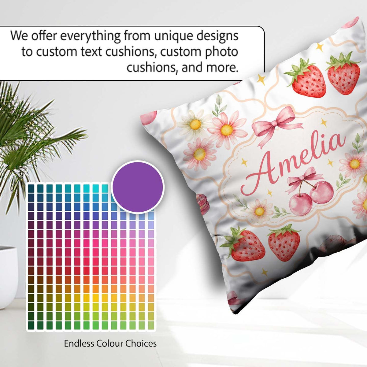 Custom Name Strawberry Cherry Daisy Bow Sweet Dessert Warm Beige Square Filled Cushion Throw Pillow Sofa Bed Home Decor Zip Washable UK Made