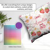 Custom Name Strawberry Cherry Daisy Bow Sweet Dessert Warm Beige Square Filled Cushion Throw Pillow Sofa Bed Home Decor Zip Washable UK Made