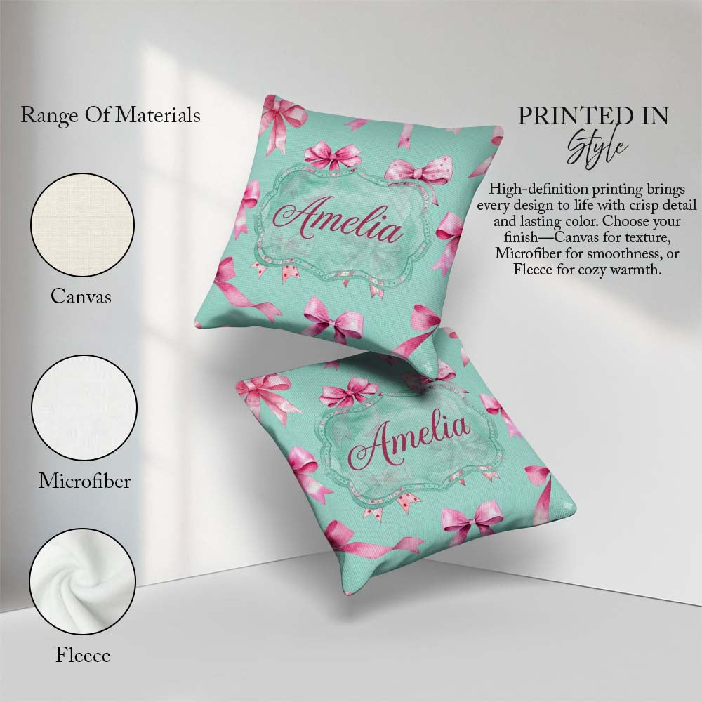 Custom Name Watercolor Pink Ribbon Bow Seamless Pattern on Teal Square Filled Cushion Throw Pillow Sofa Bed Home Decor Zip Washable UK Made