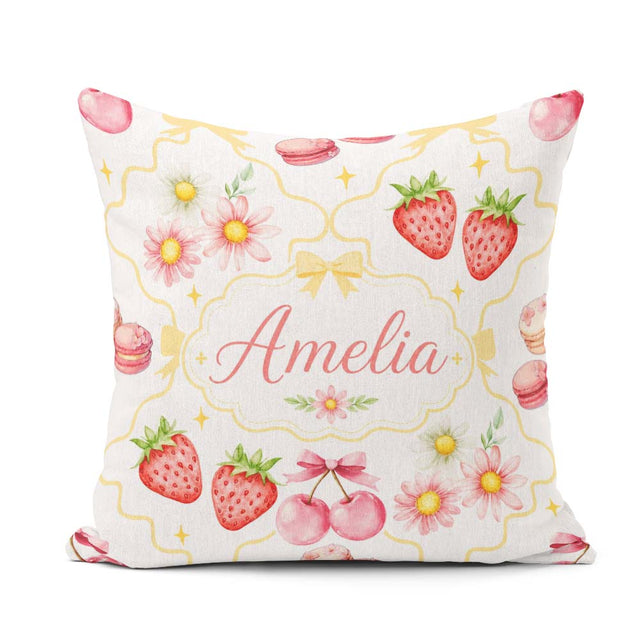 Custom Name Cherry Daisy Floral Bow Sweet Dessert Yellow Outline Square Filled Cushion Throw Pillow Sofa Bed Home Decor Zip Washable UK Made