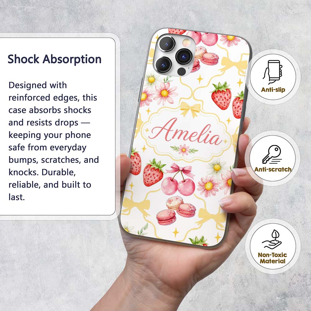 Strawberry Cherry Daisy Floral Bow Sweet Dessert Custom Name Protective Phone Case Mobile Cover Durable Everyday Smartphone Shock Resistant