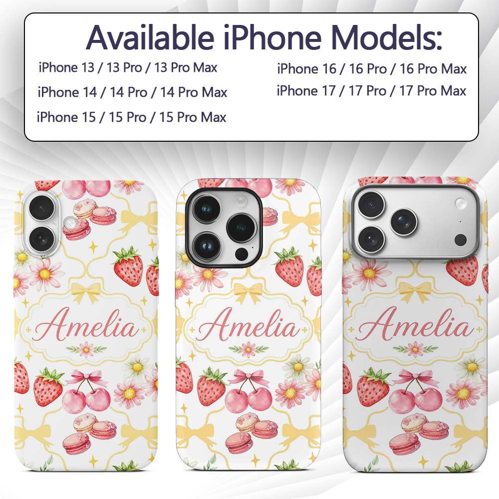 Strawberry Cherry Daisy Floral Bow Sweet Dessert Custom Name Protective Phone Case Mobile Cover Durable Everyday Smartphone Shock Resistant