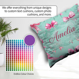 Custom Name Watercolor Pink Ribbon Bow Seamless Pattern on Teal Square Filled Cushion Throw Pillow Sofa Bed Home Decor Zip Washable UK Made