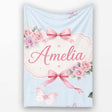 Elegant Watercolor Rose Bouquet Ribbon Butterfly Soft Blue Lovely  Personalised Custom Name Super Soft Fleece Blanket Bed Sofa Throw