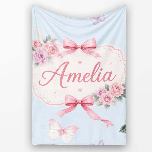 Elegant Watercolor Rose Bouquet Ribbon Butterfly Soft Blue Lovely  Personalised Custom Name Super Soft Fleece Blanket Bed Sofa Throw