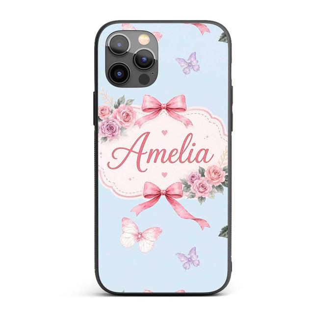 Elegant Watercolor Rose Bouquet Ribbon Butterfly Custom Name Protective Phone Case Mobile Cover Durable Everyday Smartphone Shock Resistant