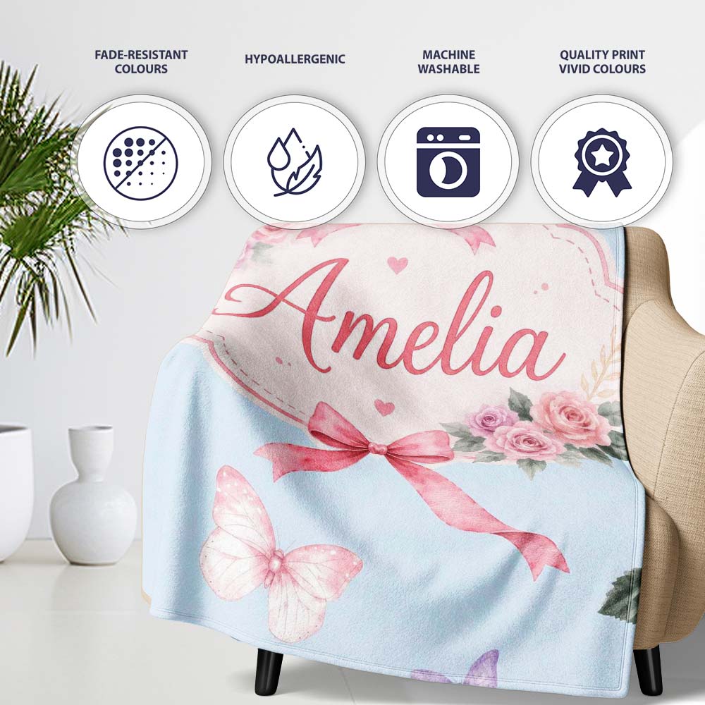 Elegant Watercolor Rose Bouquet Ribbon Butterfly Soft Blue Lovely  Personalised Custom Name Super Soft Fleece Blanket Bed Sofa Throw