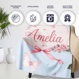 Elegant Watercolor Rose Bouquet Ribbon Butterfly Soft Blue Lovely  Personalised Custom Name Super Soft Fleece Blanket Bed Sofa Throw