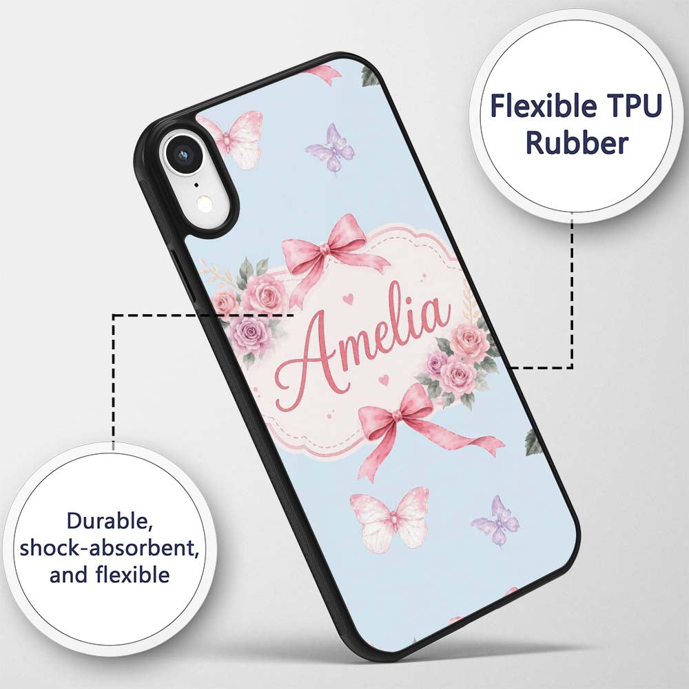 Elegant Watercolor Rose Bouquet Ribbon Butterfly Custom Name Protective Phone Case Mobile Cover Durable Everyday Smartphone Shock Resistant