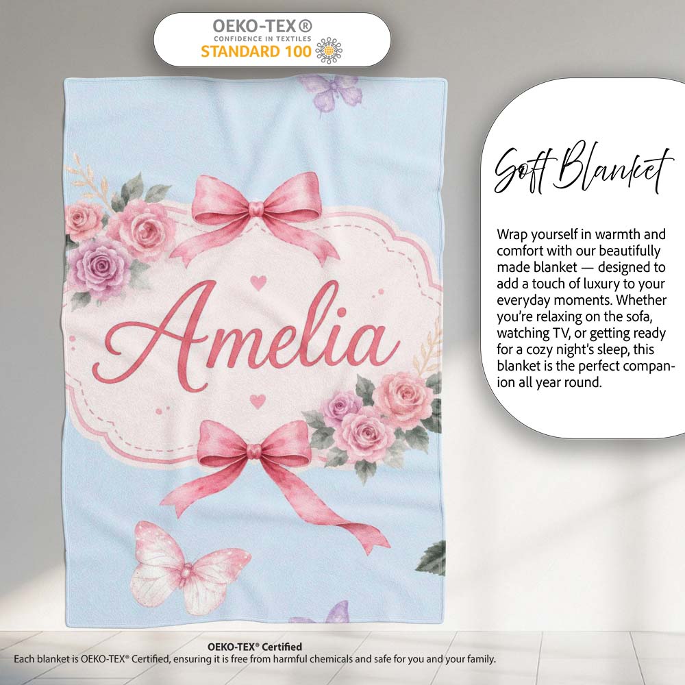 Elegant Watercolor Rose Bouquet Ribbon Butterfly Soft Blue Lovely  Personalised Custom Name Super Soft Fleece Blanket Bed Sofa Throw