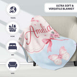 Elegant Watercolor Rose Bouquet Ribbon Butterfly Soft Blue Lovely  Personalised Custom Name Super Soft Fleece Blanket Bed Sofa Throw