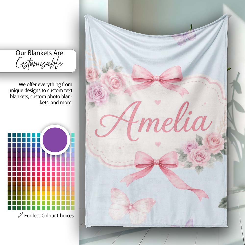 Elegant Watercolor Rose Bouquet Ribbon Butterfly Soft Blue Lovely  Personalised Custom Name Super Soft Fleece Blanket Bed Sofa Throw