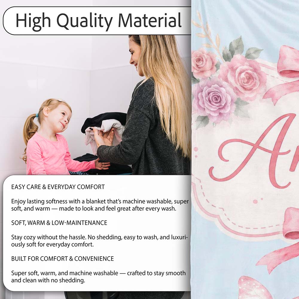 Elegant Watercolor Rose Bouquet Ribbon Butterfly Soft Blue Lovely  Personalised Custom Name Super Soft Fleece Blanket Bed Sofa Throw