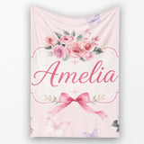 Elegant Watercolor Rose Bouquet Ribbon Butterfly Soft Blush Lovely  Personalised Custom Name Super Soft Fleece Blanket Bed Sofa Throw