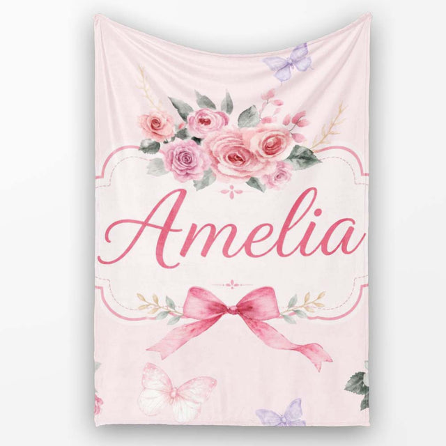 Elegant Watercolor Rose Bouquet Ribbon Butterfly Soft Blush Lovely  Personalised Custom Name Super Soft Fleece Blanket Bed Sofa Throw
