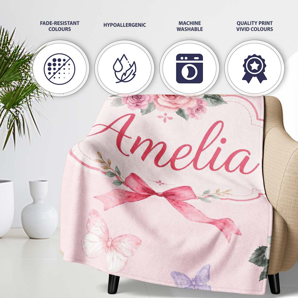 Elegant Watercolor Rose Bouquet Ribbon Butterfly Soft Blush Lovely  Personalised Custom Name Super Soft Fleece Blanket Bed Sofa Throw