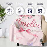 Elegant Watercolor Rose Bouquet Ribbon Butterfly Soft Blush Lovely  Personalised Custom Name Super Soft Fleece Blanket Bed Sofa Throw