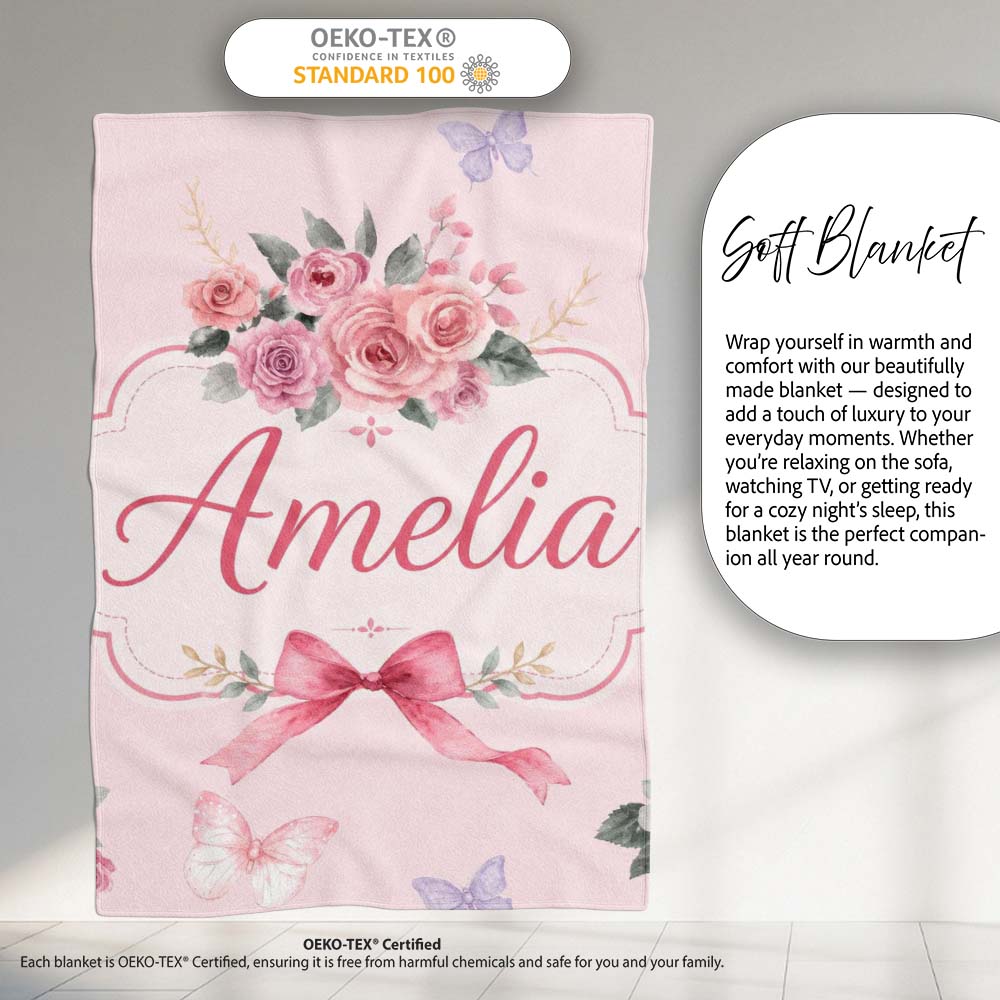 Elegant Watercolor Rose Bouquet Ribbon Butterfly Soft Blush Lovely  Personalised Custom Name Super Soft Fleece Blanket Bed Sofa Throw