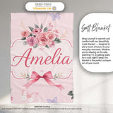 Elegant Watercolor Rose Bouquet Ribbon Butterfly Soft Blush Lovely  Personalised Custom Name Super Soft Fleece Blanket Bed Sofa Throw