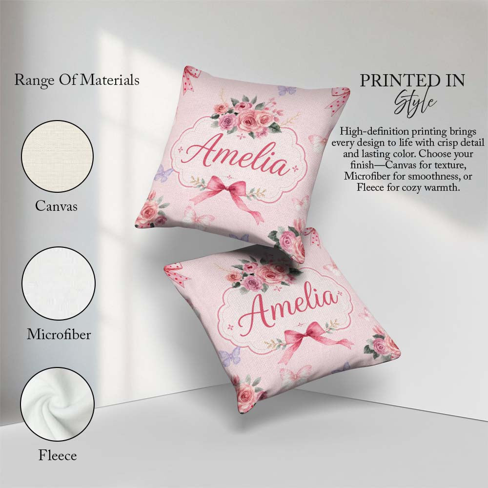 Custom Name Elegant Watercolor Rose Bouquet Butterfly Soft Blush Square Filled Cushion Throw Pillow Sofa Bed Home Decor Zip Washable UK Made