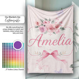Elegant Watercolor Rose Bouquet Ribbon Butterfly Soft Blush Lovely  Personalised Custom Name Super Soft Fleece Blanket Bed Sofa Throw