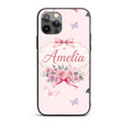 Elegant Watercolor Rose Bouquet Ribbon Butterfly Custom Name Protective Phone Case Mobile Cover Durable Everyday Smartphone Shock Resistant