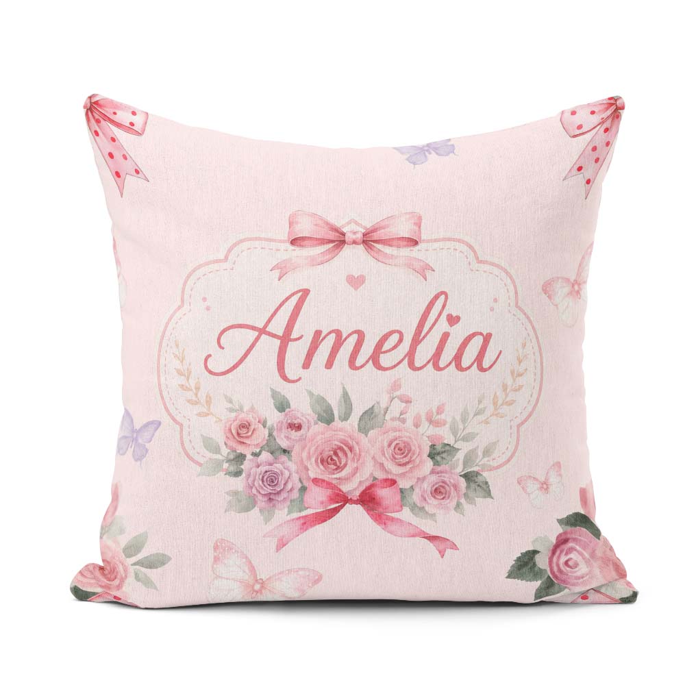 Custom Name Elegant Watercolor Rose Bouquet Butterfly Soft Beige Square Filled Cushion Throw Pillow Sofa Bed Home Decor Zip Washable UK Made