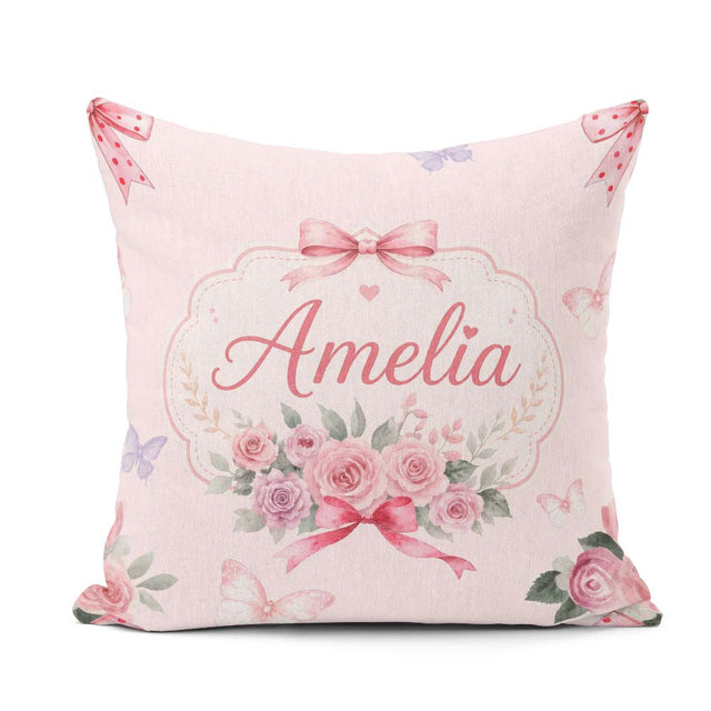 Custom Name Elegant Watercolor Rose Bouquet Butterfly Soft Beige Square Filled Cushion Throw Pillow Sofa Bed Home Decor Zip Washable UK Made