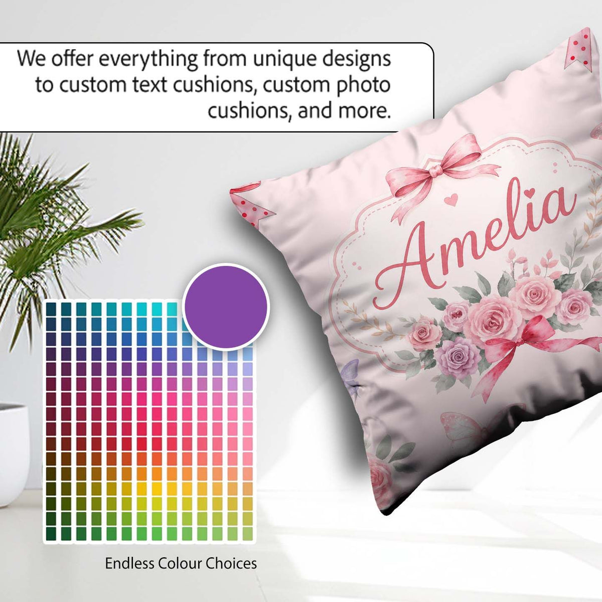 Custom Name Elegant Watercolor Rose Bouquet Butterfly Soft Beige Square Filled Cushion Throw Pillow Sofa Bed Home Decor Zip Washable UK Made