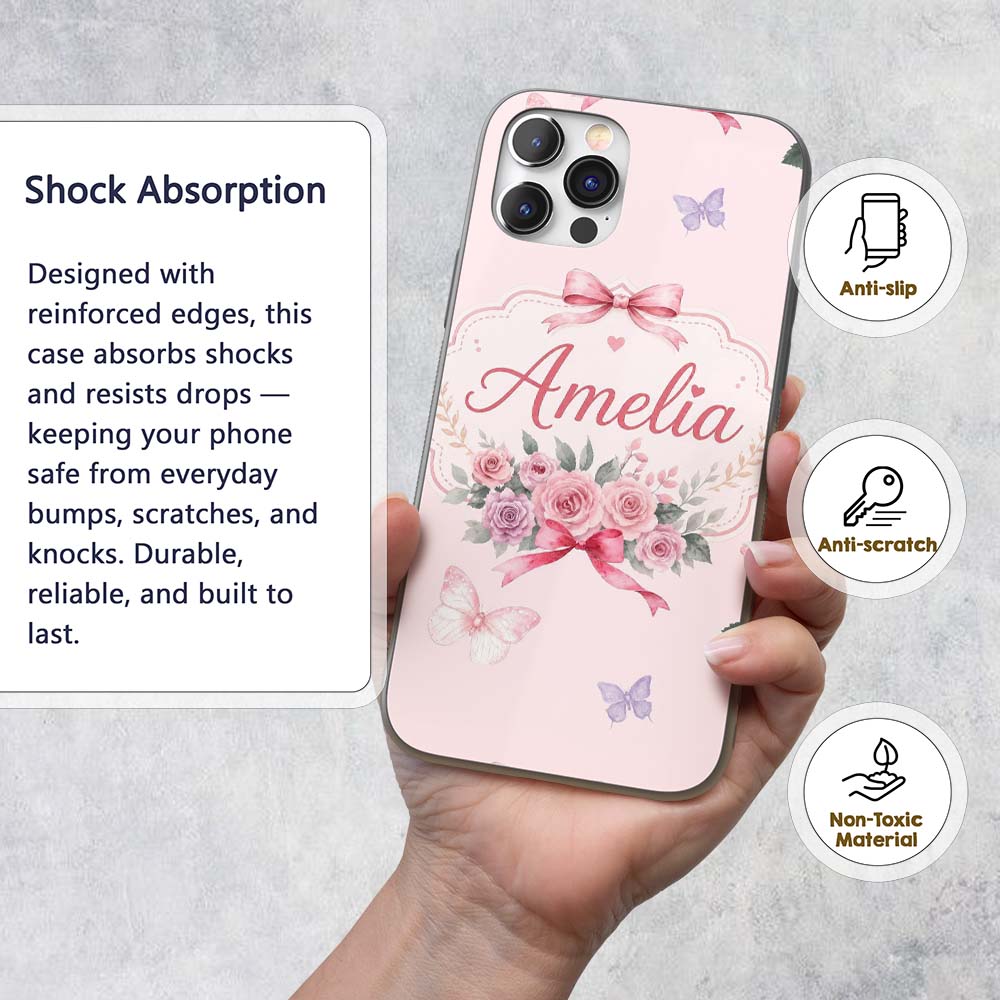 Elegant Watercolor Rose Bouquet Ribbon Butterfly Custom Name Protective Phone Case Mobile Cover Durable Everyday Smartphone Shock Resistant