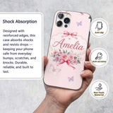 Elegant Watercolor Rose Bouquet Ribbon Butterfly Custom Name Protective Phone Case Mobile Cover Durable Everyday Smartphone Shock Resistant