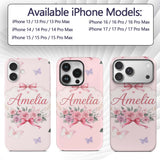 Elegant Watercolor Rose Bouquet Ribbon Butterfly Custom Name Protective Phone Case Mobile Cover Durable Everyday Smartphone Shock Resistant